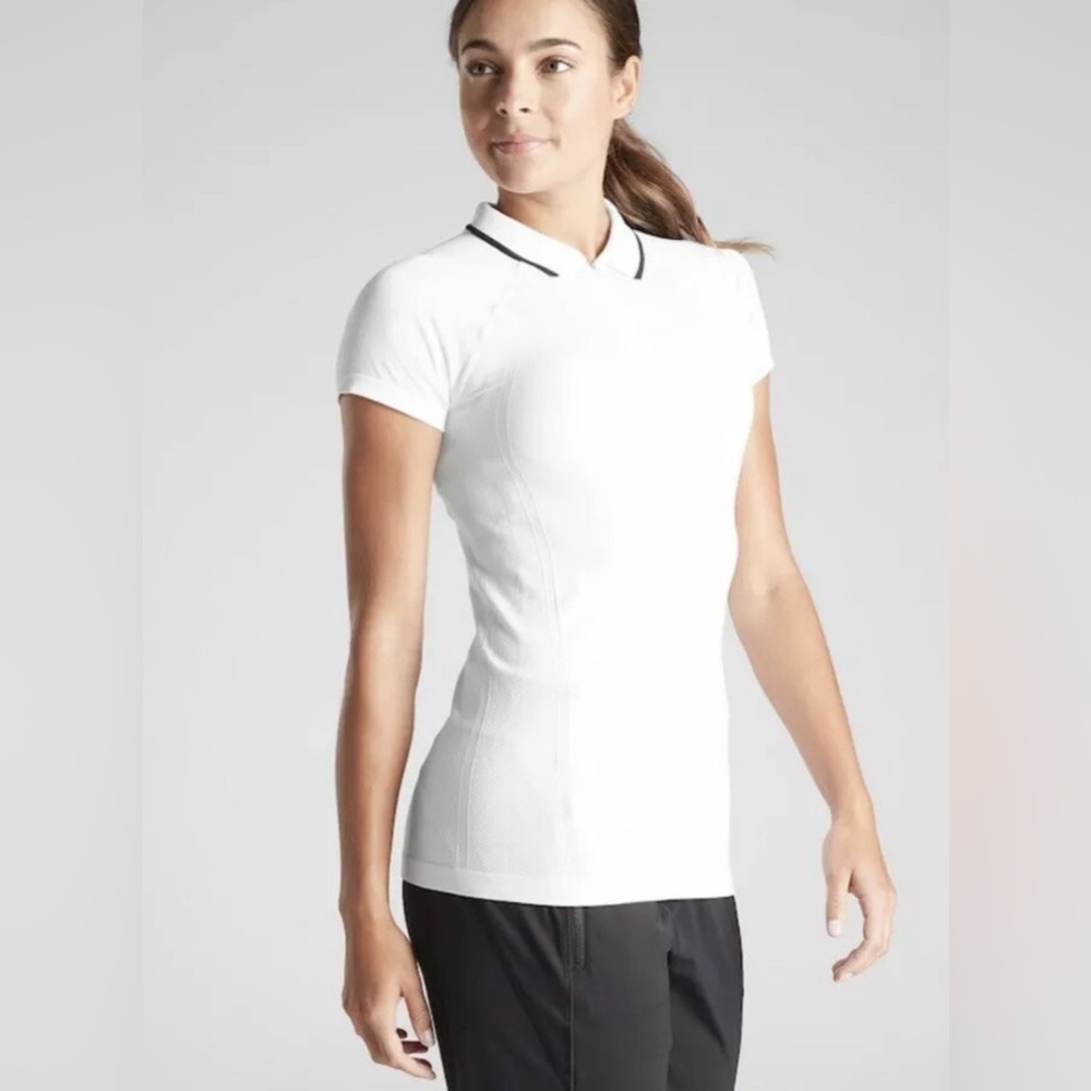 Athleta Momentum Seamless White Polo Tee with Black Contrast Trim, 1/4 Zip, L